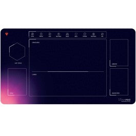 Ultra Pro Playmat - Magic the Gathering Foundations Learn to Play - 1-Player - Rectangular black Magic the Gathering playmat with purple gradient corner, labeled zones for gameplay, and white outlining.