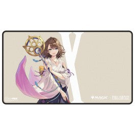 Ultra Pro Black Stitched Playmat - Magic: The Gathering Final Fantasy - Yuna Grand Summoner (PREORDER) - Black-stitched rectangular playmat featuring Yuna from Final Fantasy with staff and pink ribbon on beige background.
