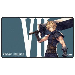 Ultra Pro Black Stitched Playmat - Magic: The Gathering Final Fantasy - Cloud Ex-Soldier (PREORDER) - Black stitched playmat featuring Cloud Strife from Final Fantasy VII holding a large sword on a blue-gray background with.