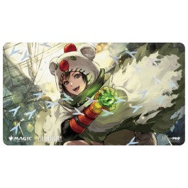 Ultra Pro Foil Playmat - Magic: The Gathering Final Fantasy - Yuffie Materia Hunter (PREORDER) - Playmat featuring Yuffie from Final Fantasy with a white bear-hooded cloak, green glowing materia in hand, and dynamic.
