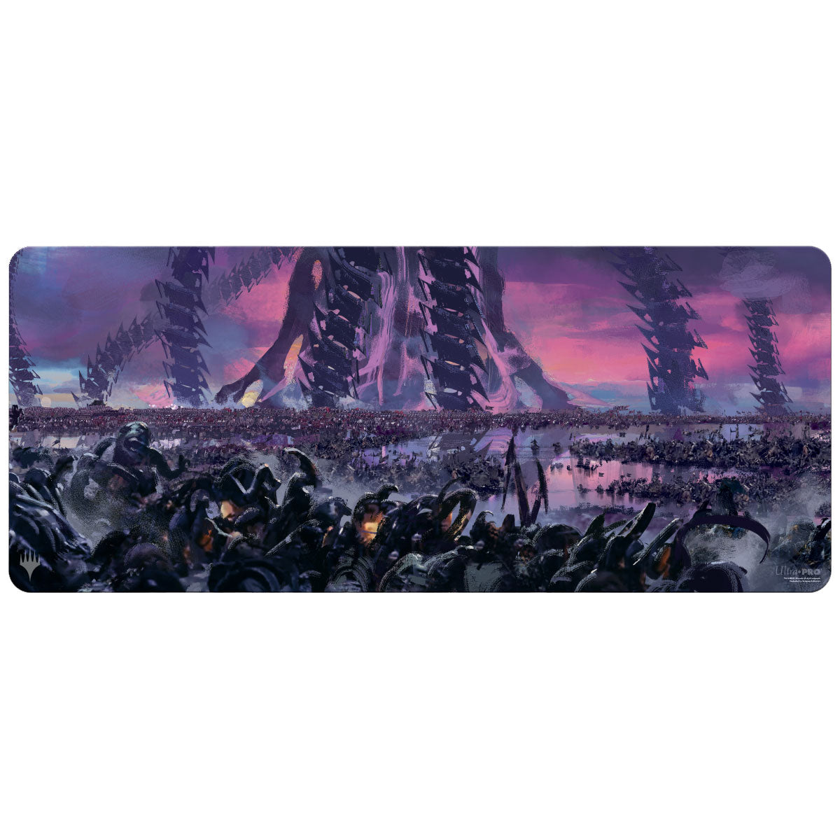 Ultra Pro Table Mat - MTG March of the Machine - Dark futuristic battlefield table mat with towering mechanical legs and a purple-pink sky background.