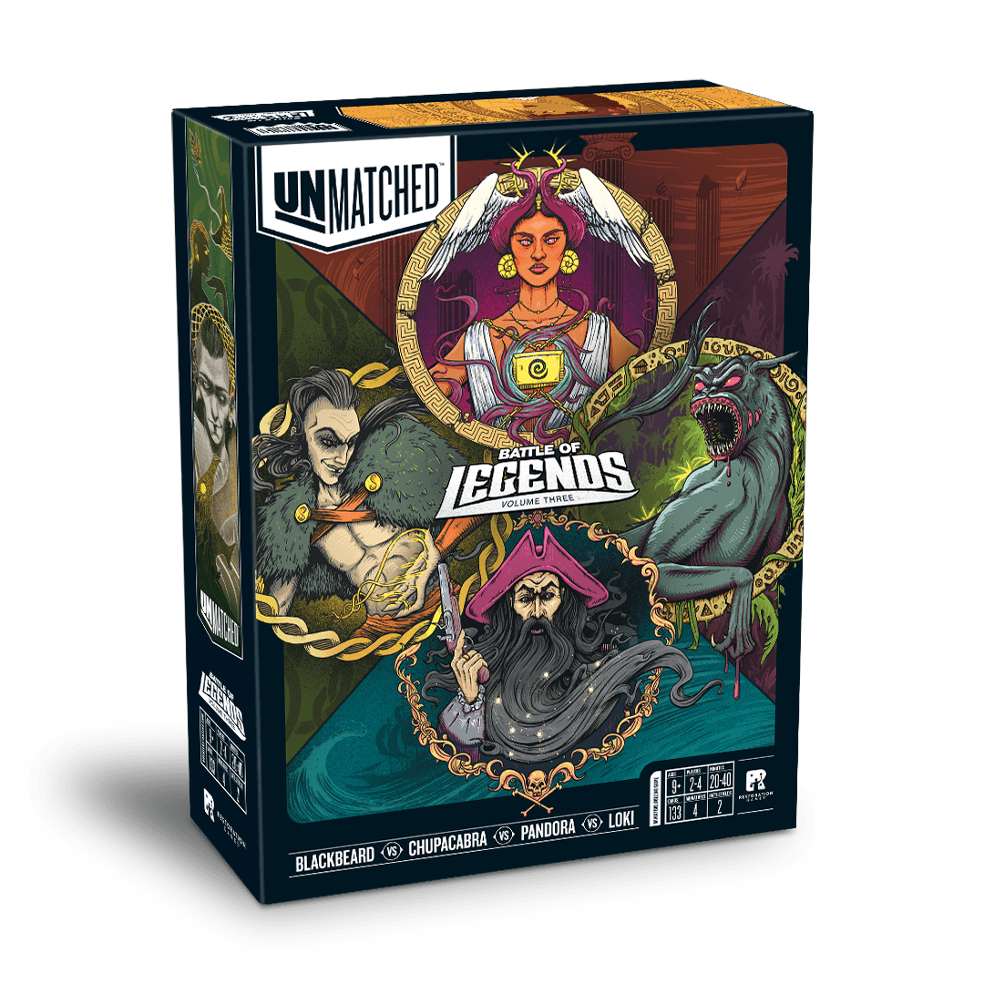 Unmatched Battle Of Legends Volume 3 - Unmatched Battle of Legends Volume 3 game box with colorful illustrations of fantasy characters and bold white logo on dark.