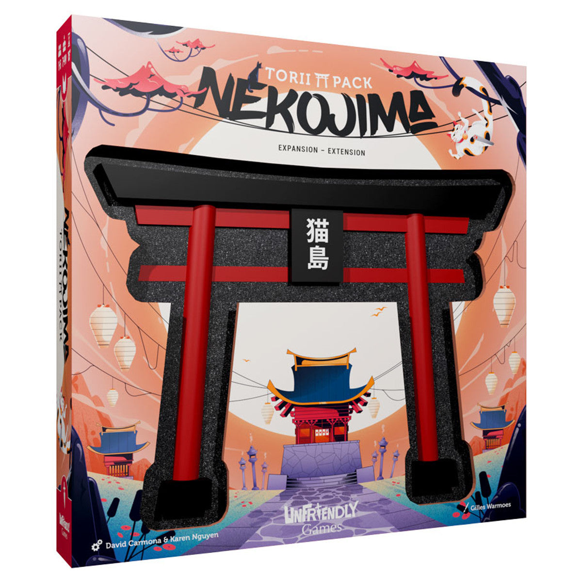 Nekojima: Torii Pack - Black and red Japanese torii gate model kit with a stylized backdrop and Japanese characters on the crossbeam.