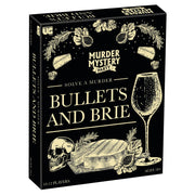 Bullets & Brie (PREORDER) - Black rectangular game box with gold illustrations and text featuring a skull, brie cheese, herbs, and a wine glass, titled.