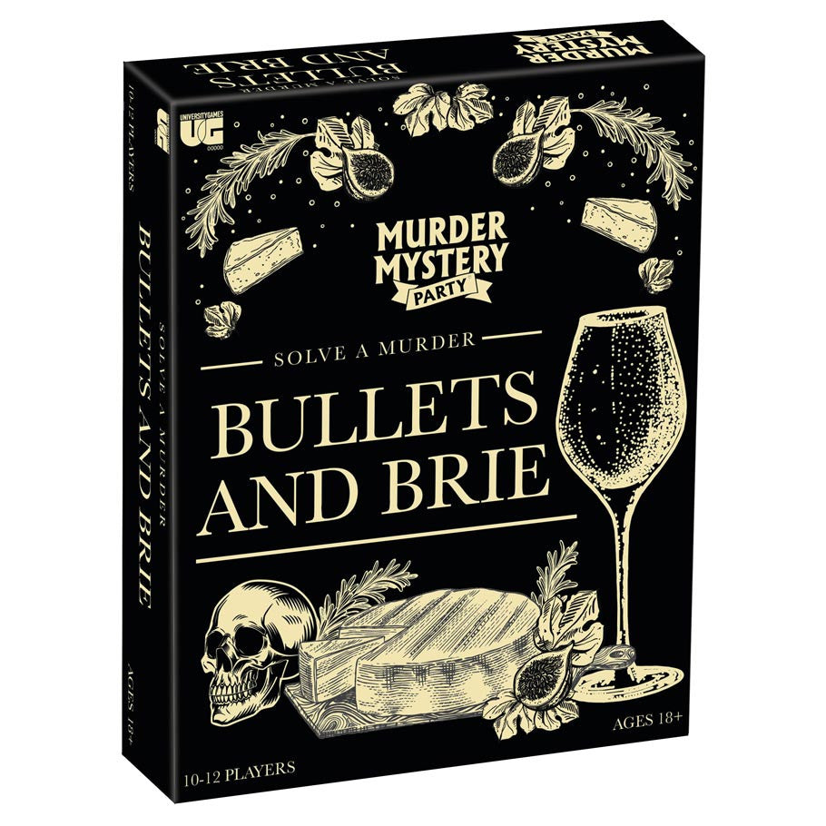 Bullets & Brie (PREORDER) - Black rectangular game box with gold illustrations and text featuring a skull, brie cheese, herbs, and a wine glass, titled.