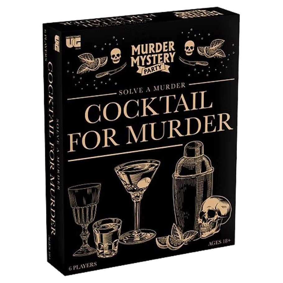 Cocktail For Murder (PREORDER) - Black rectangular game box with gold illustrations of cocktail glasses, a shaker, skulls, lemon wedges, and decorative text.