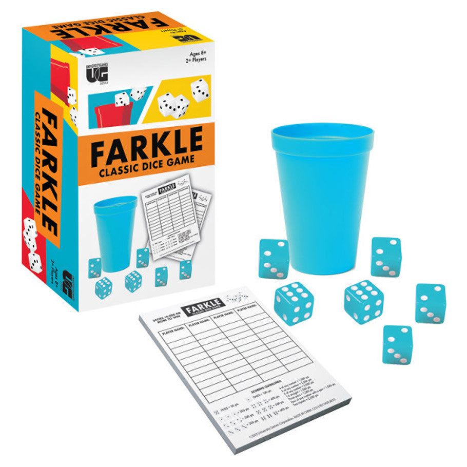 Farkle Classic (PREORDER) - Farkle Classic board game box with six blue dice, a matching blue dice cup, and a black-and-white score pad.