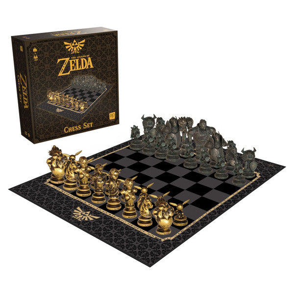 Chess: The Legend of Zelda - Legend of Zelda themed chess set with gold and silver metallic themed pieces, black and silver checkered board, and branded.