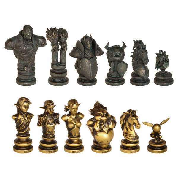 Chess: The Legend of Zelda - Dark bronze and gold metallic chess pieces sculpted as detailed Legend of Zelda characters and creatures.