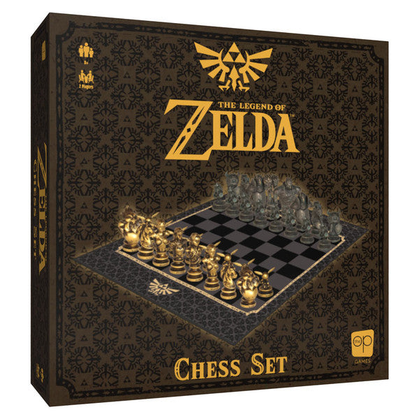 Chess: The Legend of Zelda - Chess set box with black and gold Legend of Zelda design featuring iconic Hyrule symbols and a chessboard displaying gold.