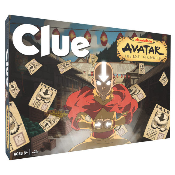 Clue: Avatar The Last Airbender - Clue board game box featuring Avatar The Last Airbender theme with Aang in red outfit holding glowing orb.