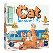 Cat Between Us - Colorful board game box featuring a large orange cat with a raised paw, blue couch, window, and playful family-themed.