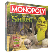 Monopoly: Shrek (2025) - Monopoly board game box featuring Shrek and Donkey on a swampy background with wooden sign reading Beware Ogre.