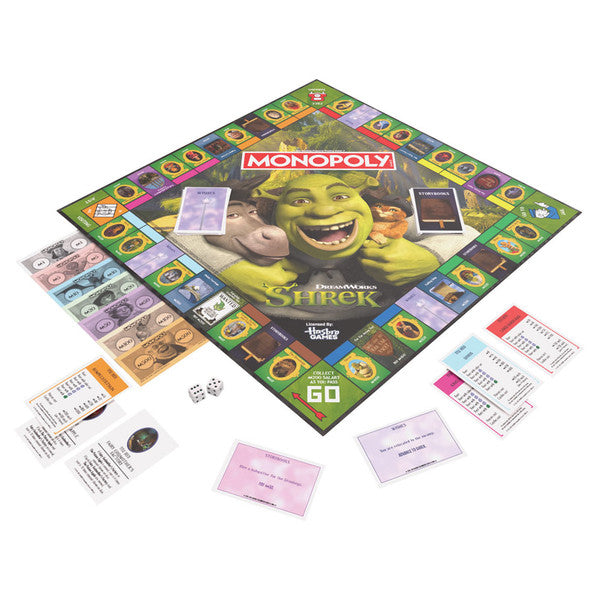 Monopoly: Shrek (2025) - Monopoly board featuring Shrek theme with green border, character illustrations, colorful property cards, game money, and.