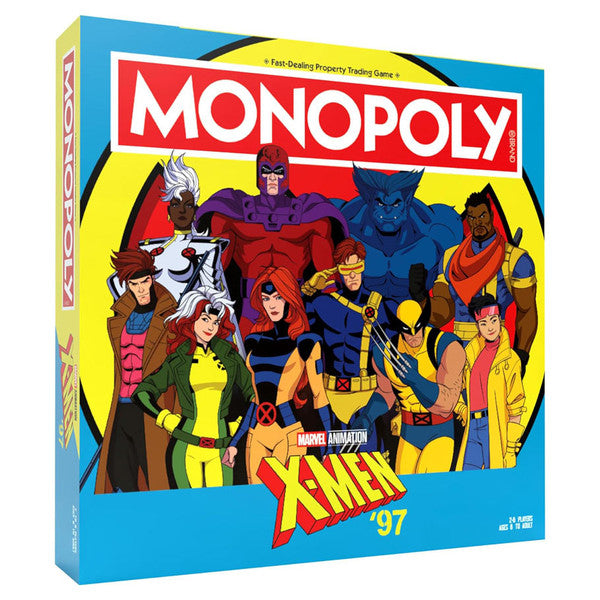 Monopoly: X-Men 97 - Monopoly board game box featuring colorful X-Men 97 characters on a bright yellow and blue background with red Monopoly logo.