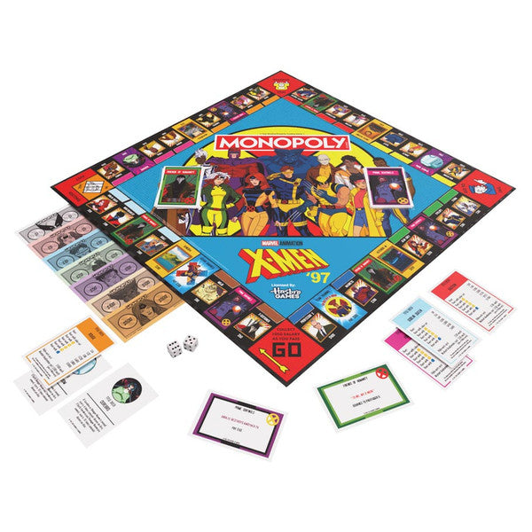 Monopoly: X-Men 97 - Monopoly board game featuring X-Men 97 theme with colorful character illustrations and vibrant property cards, paper money,.