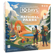 10 Days In The National Parks - Square board game box for "10 Days in the National Parks" with colorful illustrations of hikers, mountains, red rock.