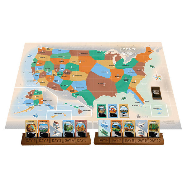 10 Days In The National Parks - Colorful US map poster titled 10 Days In The National Parks with two wooden card stands holding educational game cards below.