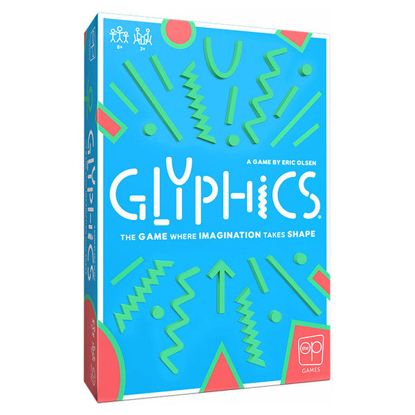 Glyphics - Bright blue rectangular game box with colorful abstract geometric shapes and bold white text reading "Glyphics" on the front.