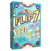 Flip 7 Deluxe (PREORDER) - Colorful Flip 7 Deluxe card game box with retro design and numbered cards in blue, yellow, red, and white tones.