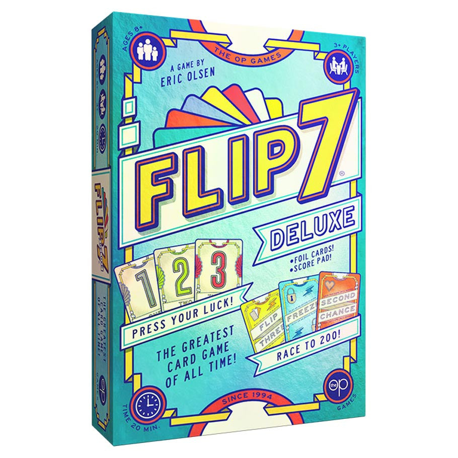 Flip 7 Deluxe (PREORDER) - Colorful Flip 7 Deluxe card game box with retro design and numbered cards in blue, yellow, red, and white tones.
