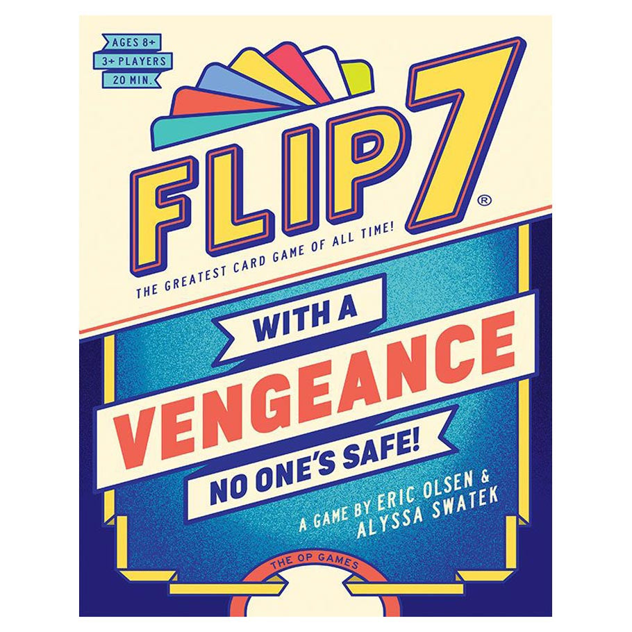 Flip 7: With A Vengeance (PREORDER) - Flip 7 card game box with bold yellow, red, and blue design and text "With a Vengeance" on front.