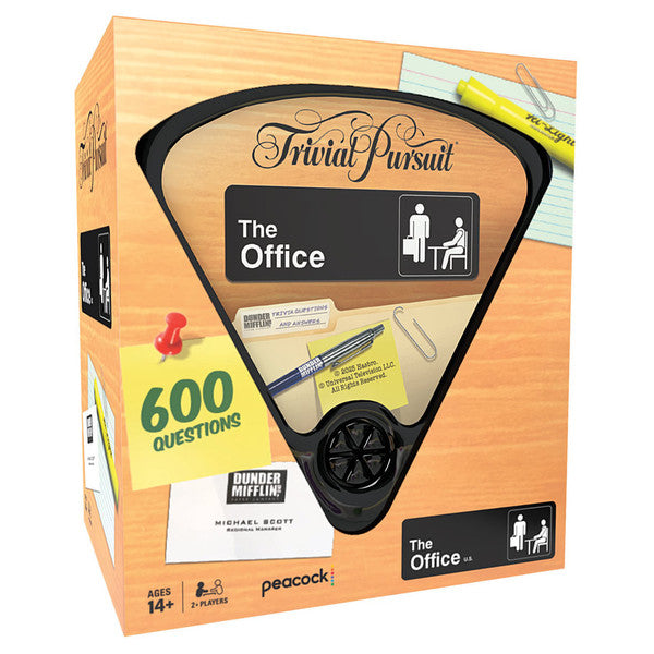 Trivial Pursuit: The Office - Trivial Pursuit game box with The Office branding, wood-patterned wedge design, and bright yellow "600 Questions" label.