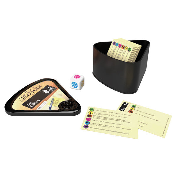 Trivial Pursuit: The Office - Triangular Trivial Pursuit game box with The Office branding, colorful question cards, and a multicolored die.