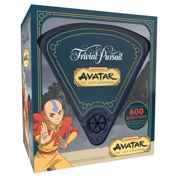Trivial Pursuit: Avatar The Last Airbender - Trivial Pursuit game box featuring Avatar The Last Airbender with navy blue triangular game piece and colorful character.