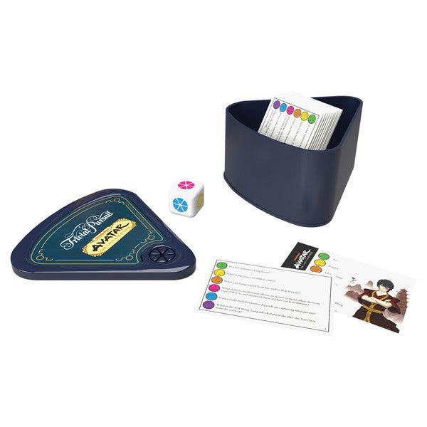 Trivial Pursuit: Avatar The Last Airbender - Trivial Pursuit Avatar The Last Airbender edition with dark blue pie-shaped card holder, colorful six-sided die, question.