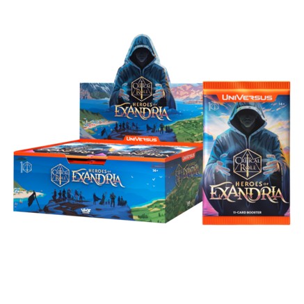 UniVersus CCG: Critical Role - Heroes of Exandria Booster Display - Blue and orange booster display box and pack for UniVersus CCG Critical Role Heroes of Exandria featuring hooded figure.