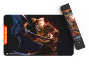 UniVersus CCG: Critical Role - Grog Strongjaw Playmat - Black rectangular playmat with fiery illustration of a muscular warrior wielding a large axe, accompanied by a matching.