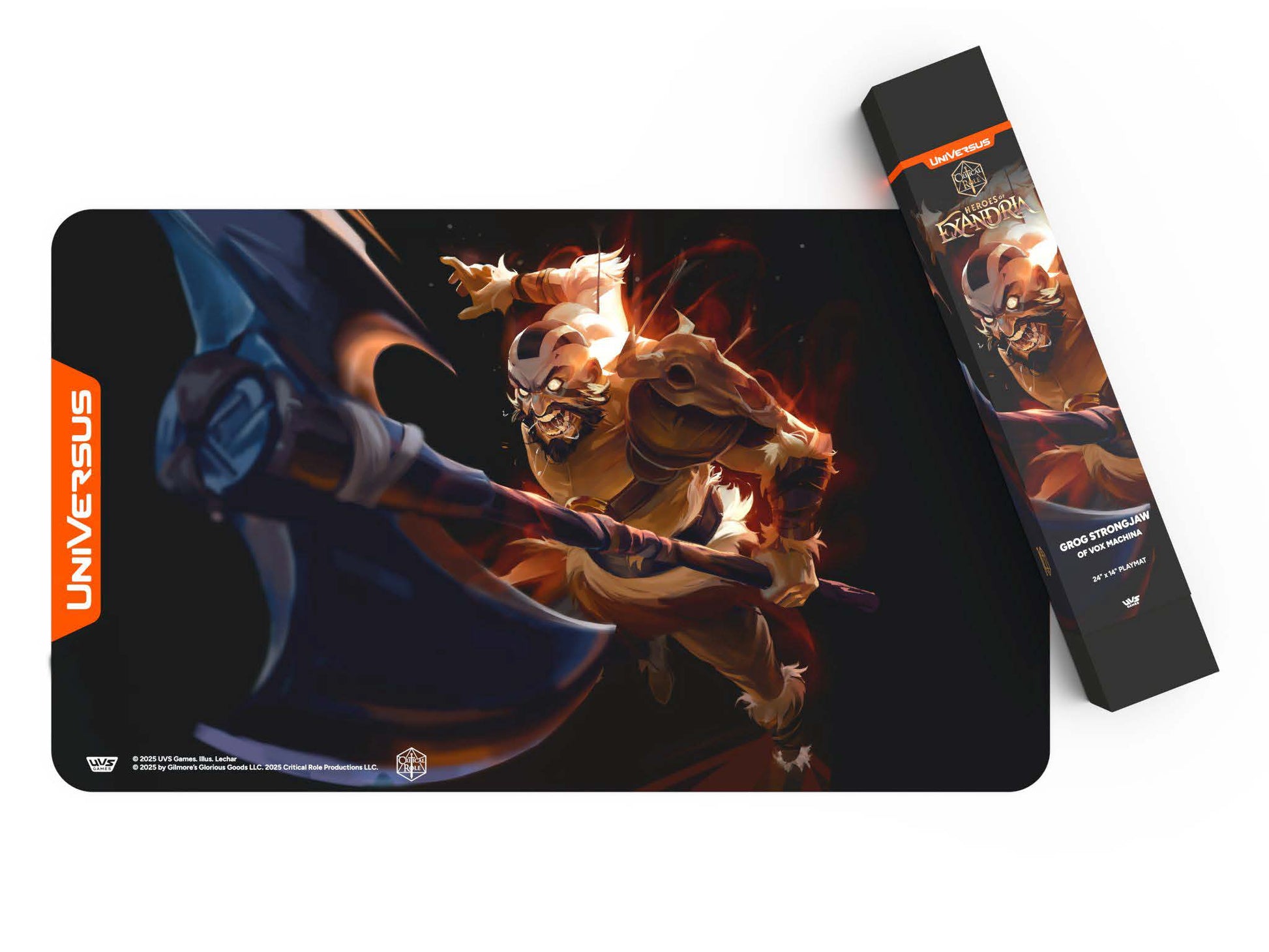 UniVersus CCG: Critical Role - Grog Strongjaw Playmat - Black rectangular playmat with fiery illustration of a muscular warrior wielding a large axe, accompanied by a matching.