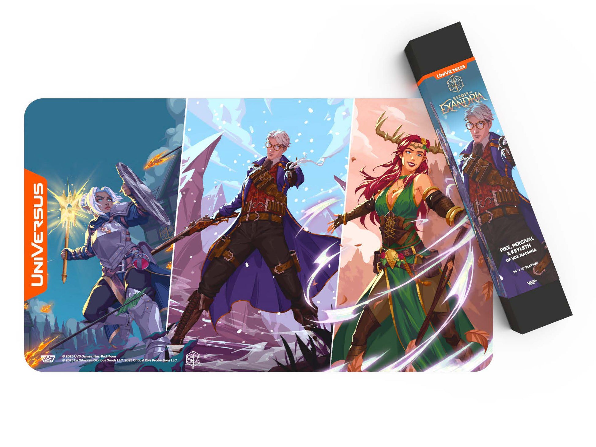 UniVersus CCG: Critical Role - Pike, Percival, & Keyleth Playmat - Colorful playmat featuring three fantasy characters in dynamic poses with blue and purple backgrounds and orange vertical.