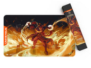 UniVersus CCG: Critical Role - Caleb Widogast Playmat - Rectangular gaming playmat with vibrant orange and yellow flames surrounding a red-robed wizard casting spells, black.