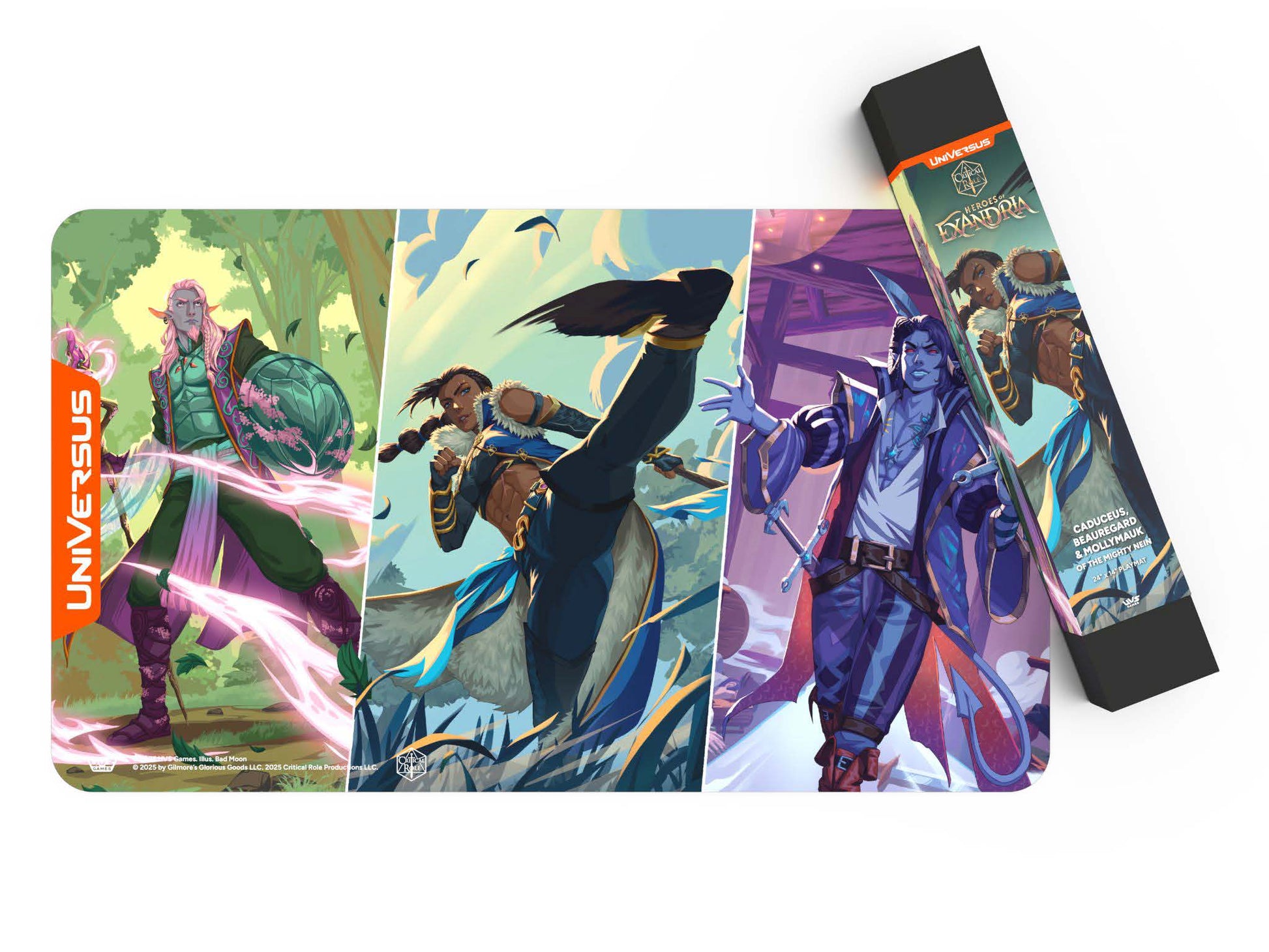 UniVersus CCG: Critical Role - Caduceus, Beau, & Mollymauk Playmat - Colorful playmat featuring three fantasy character illustrations in dynamic poses, with green, blue, and purple backgrounds.