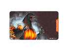 UniVersus CCG: Godzilla - Reign Of Kaiju Burning Godzilla Playmat - Rectangular playmat featuring fiery Burning Godzilla with glowing orange lava cracks on dark smoky background, UniVersus.