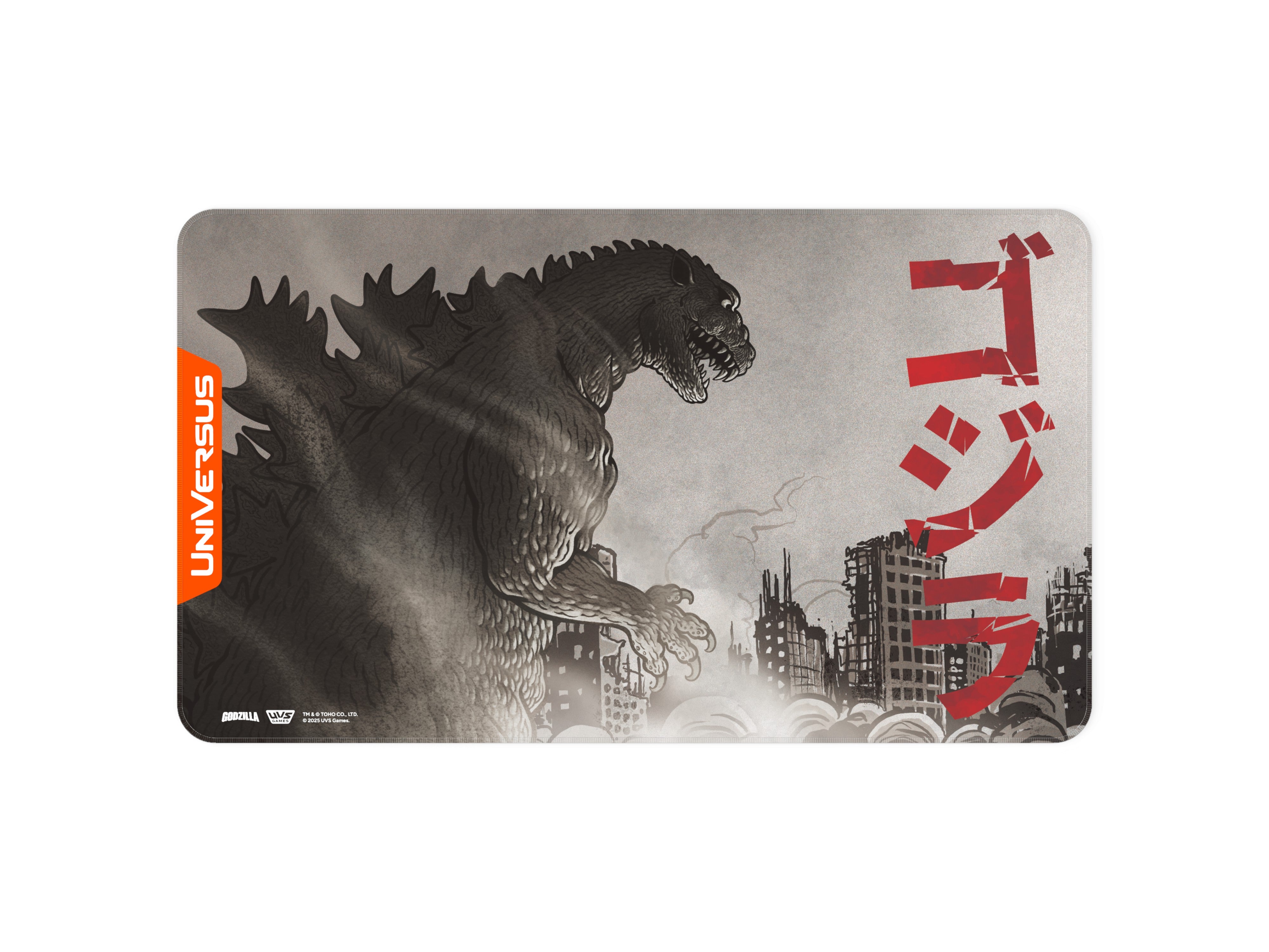 UniVersus CCG: Godzilla - Reign Of Kaiju Godzilla 1954 Playmat - Rectangular playmat featuring black-and-white Godzilla 1954 artwork with Japanese text and cityscape details.