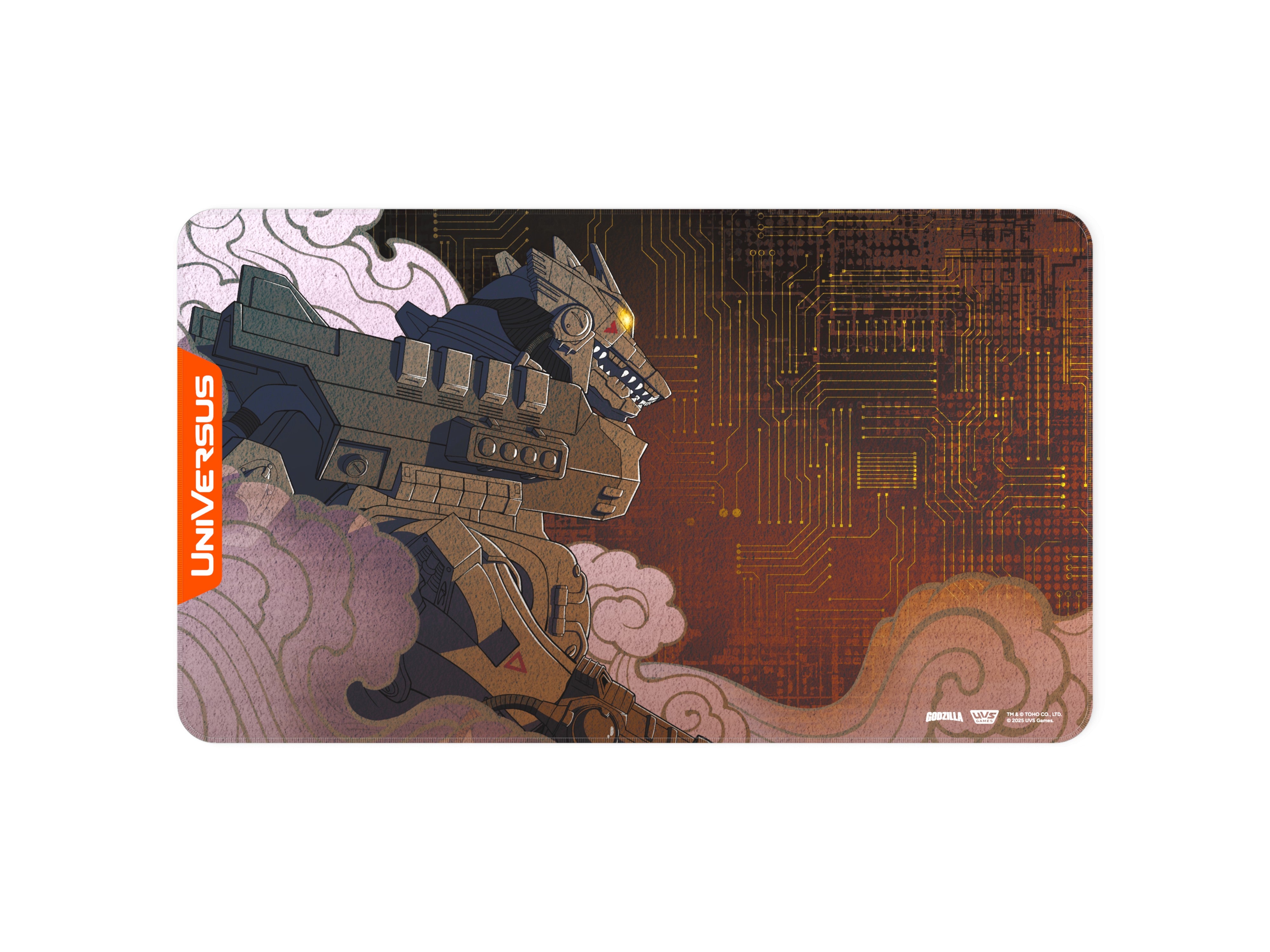 UniVersus CCG: Godzilla - Reign Of Kaiju Mecha Godzilla Kiryu Playmat - Rectangular playmat featuring detailed Mecha Godzilla Kiryu artwork in dark gray and orange tones with smoky clouds and a.