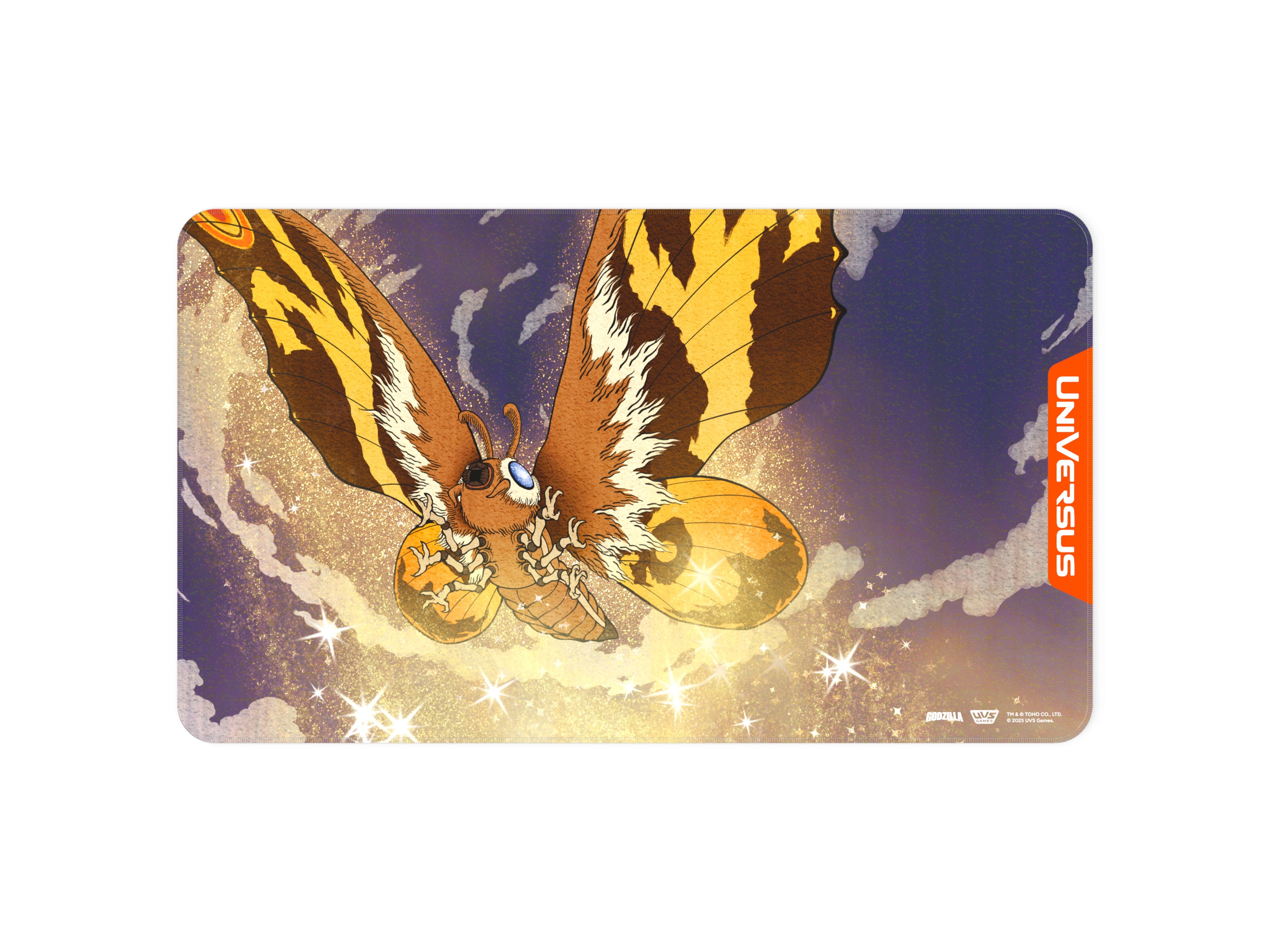UniVersus CCG: Godzilla - Reign Of Kaiju Mothra Divine Moth Playmat - Colorful playmat featuring detailed artwork of Mothra with orange, yellow, and brown wings against a glowing, cosmic.