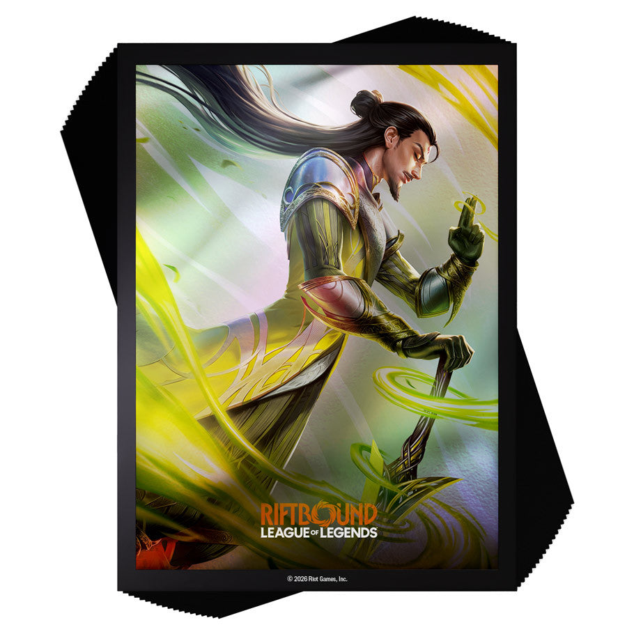 Riftbound: League of Legends TCG Deck Protector - Unleashed - Master Yi, Wuju Master - Glossy card sleeve featuring Master Yi in armor with glowing yellow and green energy effects on a dynamic, colorful.