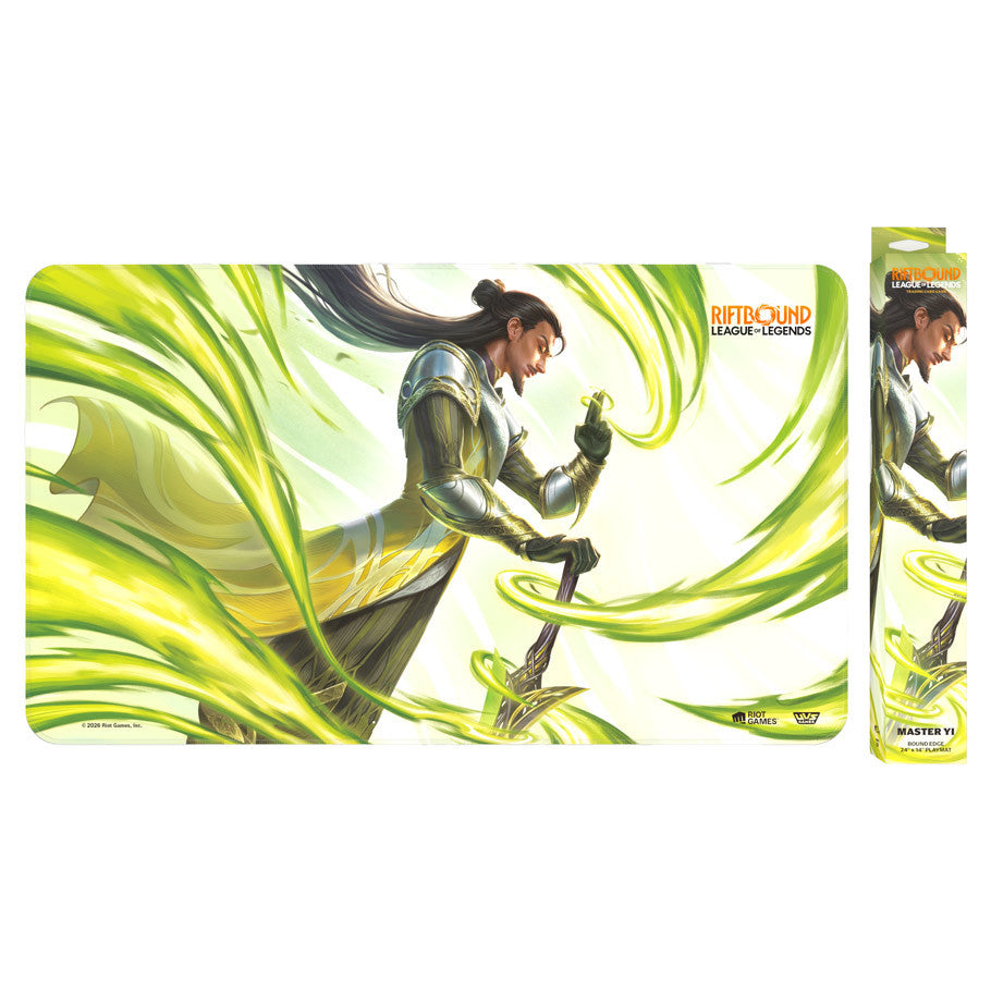 Riftbound: League of Legends TCG Playmat - Unleashed - Master Yi - Rectangular playmat featuring Master Yi from League of Legends with green energy swirls and yellow accents.