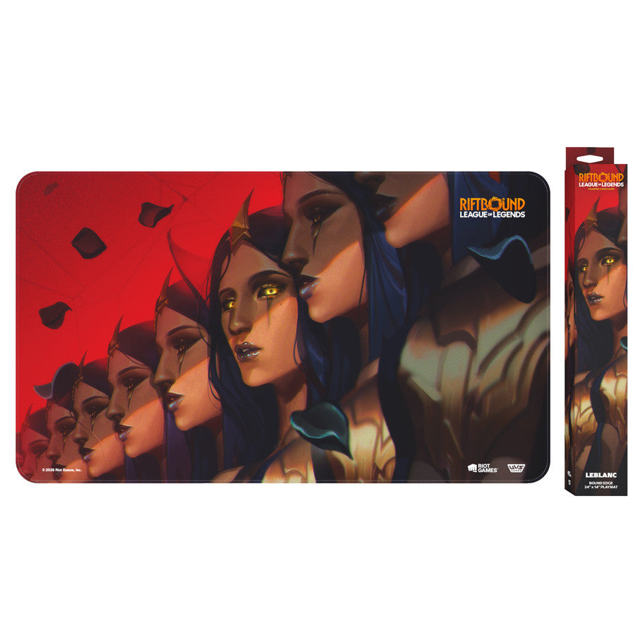 Riftbound: League of Legends TCG Playmat - Unleashed - LeBlanc, Deceiver - Rectangular playmat featuring multiple stylized portraits of LeBlanc with glowing yellow eyes against a red and black.