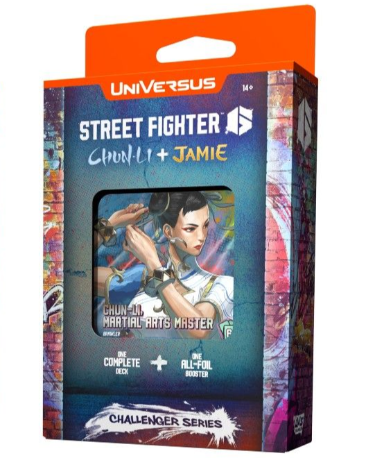 UniVersus CCG: Challenger Series - Street Fighter - Chun-Li + Jamie - UniVersus CCG Challenger Series box featuring Street Fighter characters Chun-Li and Jamie, colorful arcade-style artwork on.