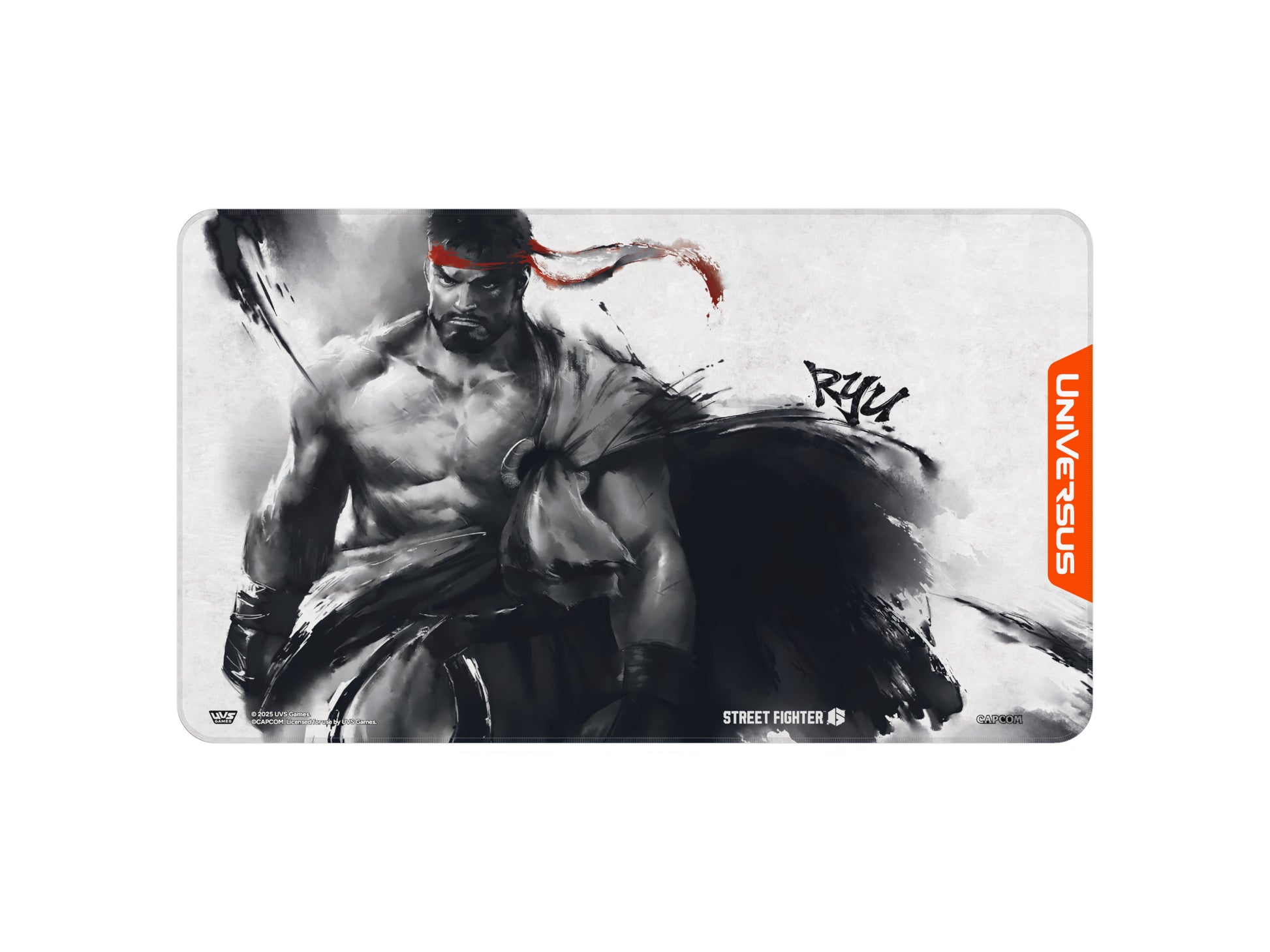 UniVersus TCG: Street Fighter 6 - Challenger Series Playmat - Ryu - Black and white rectangular playmat featuring dynamic illustration of muscular fighter with red headband and flowing scarf,.