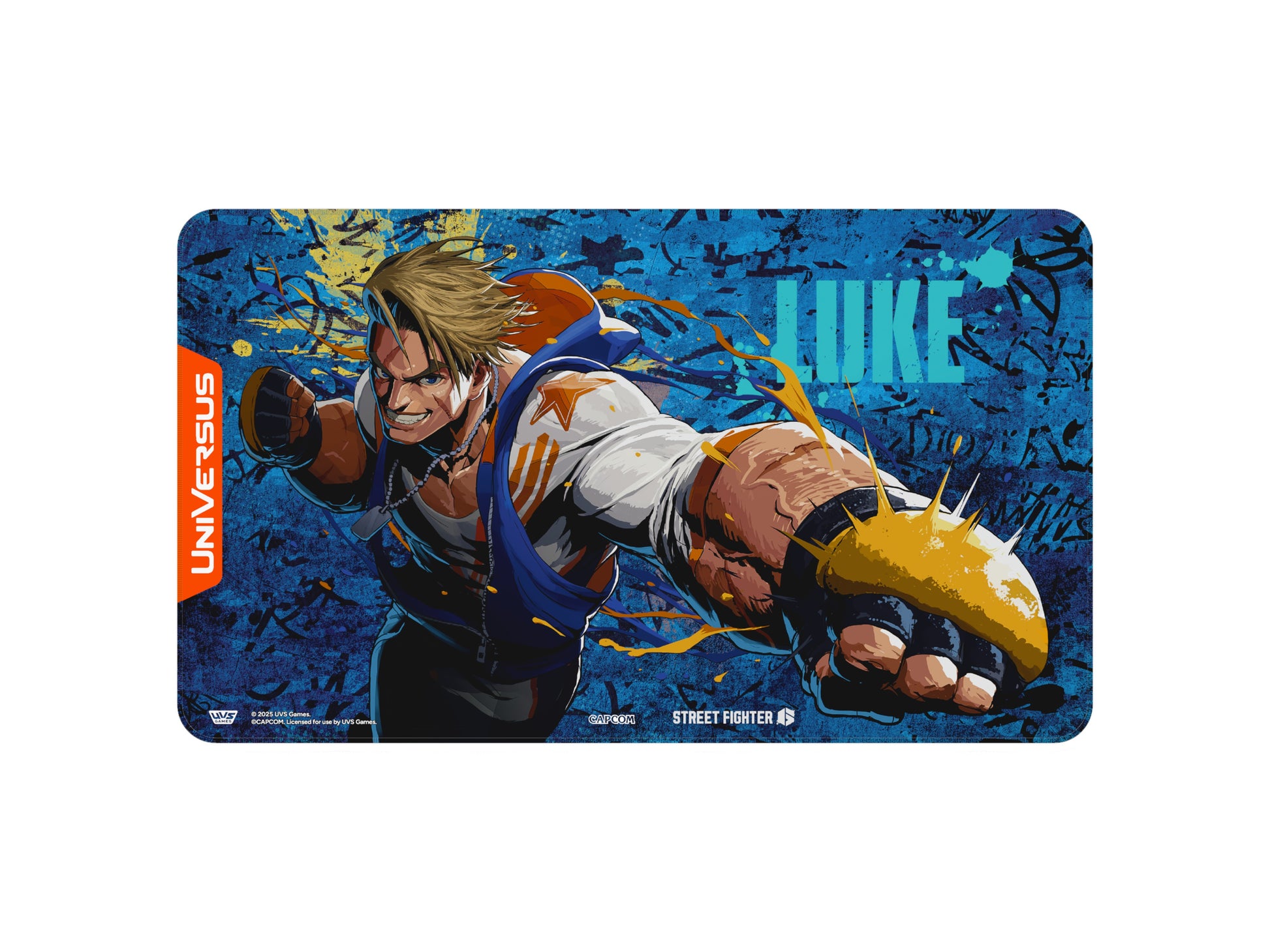 UniVersus TCG: Street Fighter 6 - Challenger Series Playmat - Luke - Blue rectangular gaming playmat featuring an action pose of Luke from Street Fighter 6 with orange gloves and "LUKE" text in