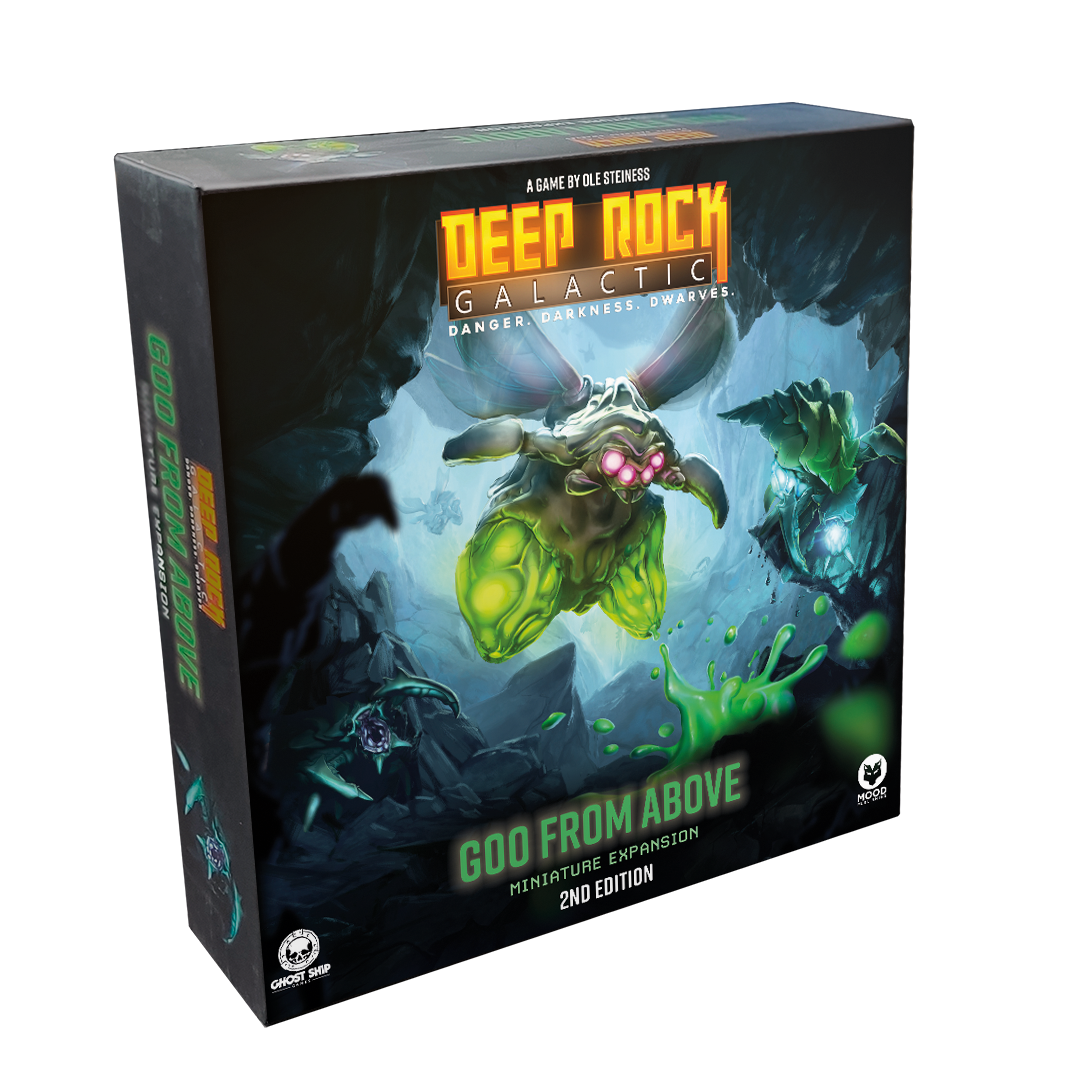 Deep Rock Galactic: Goo from Above, 2nd edition - Goo from Above 2nd Edition board game box with glowing green alien creatures on dark rocky background.