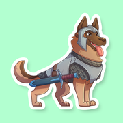 Paladin Class D&D Dog Sticker - Brown dog wearing silver paladin armor with a blue sword strapped on its side and tongue out sticker.
