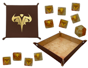 Heroscape: Valhalla Dice and Tray - Brown leather dice tray with gold Heroscape emblem and ten translucent yellow dice featuring various symbols.