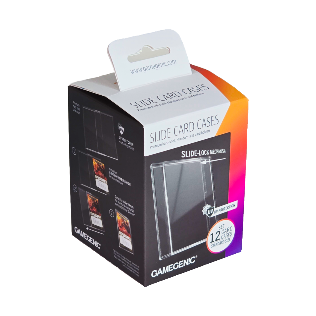 Gamegenic Slide Card Cases - Black rectangular plastic Gamegenic Slide Card Case packaging with red, orange, and white accents and product details on the